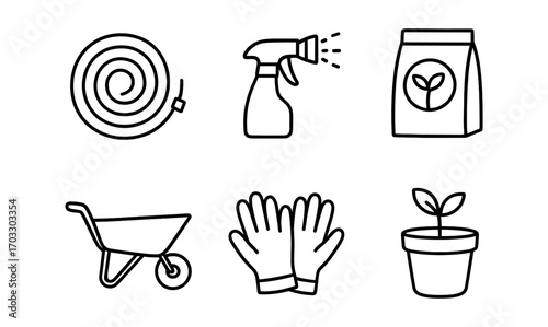Gardening tools line art collection: hose, sprayer, soil, wheelbarrow, gloves, potted plant
