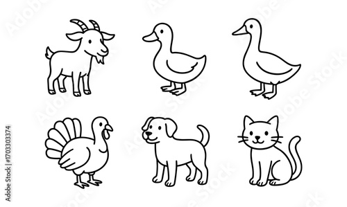 Cute outline animal collection: goat, duck, turkey, dog, cat in simple style