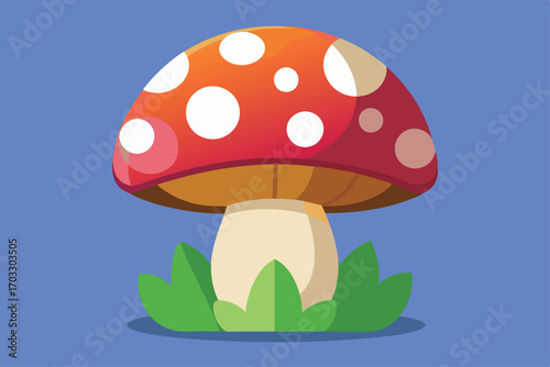 A single cartoon mushroom with white spots is nestled among vibrant green grass