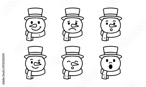 Cute snowman faces displaying various emotions in black and white line art