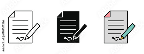 Contract icon designed in line art, fill, and colored outline styles with a white background. Ideal for agreements, signatures, legal documents, and business deals.
