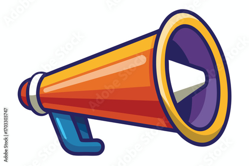Shiny orange megaphone with a blue handle broadcasts a loud message out towards the audience