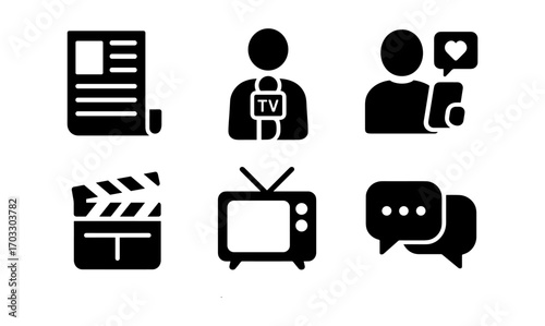 Media and communication icons: newspaper, tv, social media, filmmaking, television, messaging