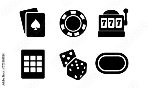 Casino icon set: cards, chips, slots, dice, and table in bold silhouette style