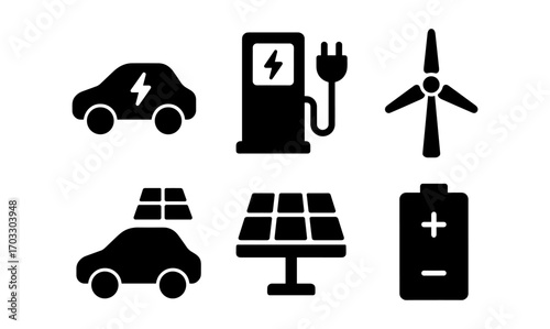 Silhouette icons of electric cars, charging station, wind turbine, solar panels, battery