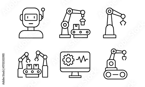 Industrial automation icons set showcasing robotic arm, artificial intelligence, and conveyor belt