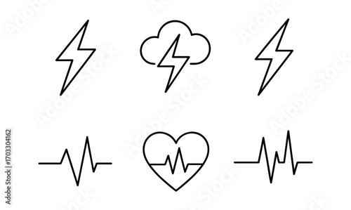 Minimalistic energy and health icons featuring lightning and heartbeat symbols