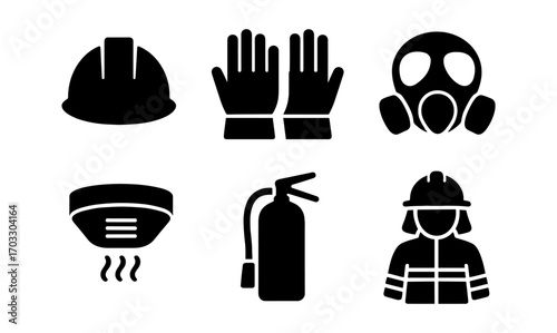 Safety equipment icons set featuring protective gear and firefighting elements in flat design