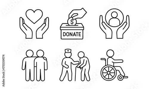 Charity and support icons with heart, donation, and care symbols in simple line art style