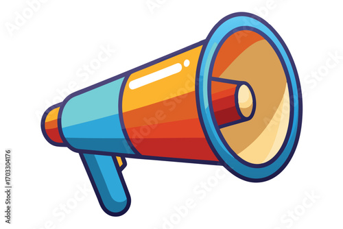 Blue and orange megaphone with rounded design features smooth gradient shading on a white backdrop