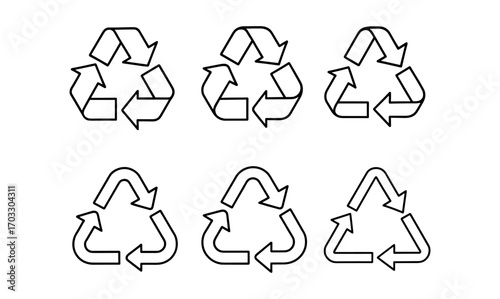 Linear recycling symbols set displaying various arrow styles for eco-friendly themes