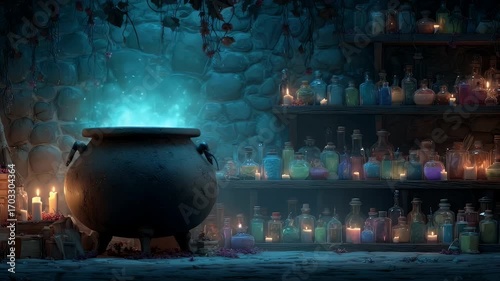 Witch’s lair background with bubbling cauldron, potion shelves, and glowing magical runes