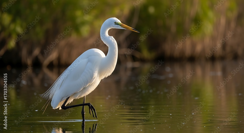 Naklejka premium Great Egret wading in shallow water at sunset.
