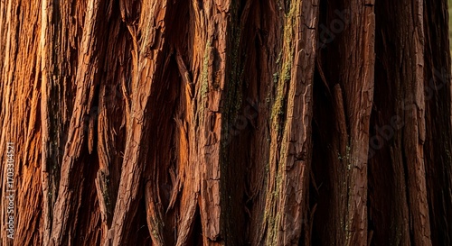 Close-up of a Redwood Tree Trunk with Textured Bark and Warm Sunlight.