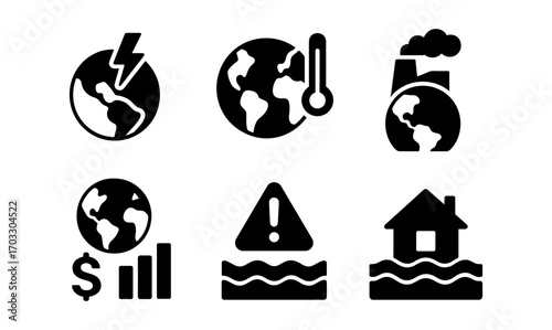 Climate change icons: global warming, pollution, and rising sea levels depicted in bold silhouettes
