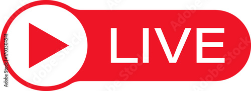 Live streaming button icon red broadcast symbol, vector illustration on transparent background, digital media, online streaming, live video, social media, technology interface