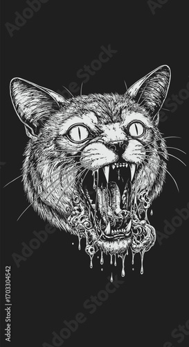 Detailed Black and White Illustration of a Felines Open Dripping Mouth.