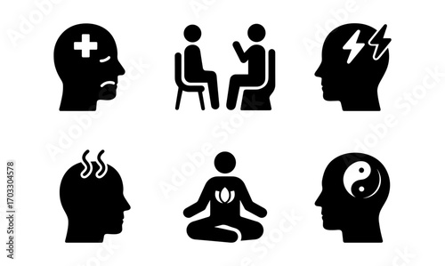 Mental health and wellbeing icons: therapy, meditation, mindfulness