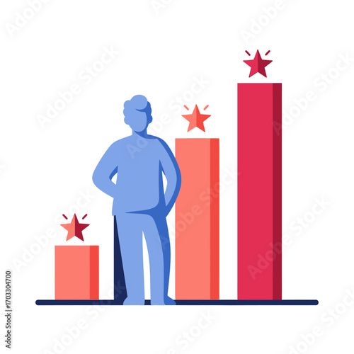 Man standing in front of a bar graph with stars indicating success