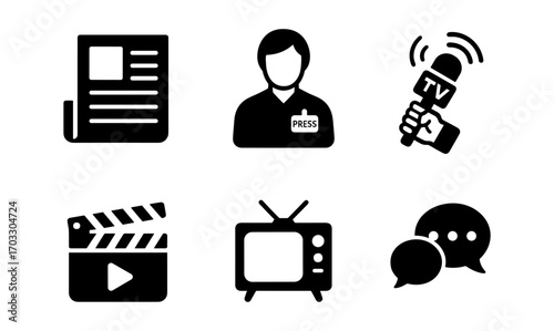 Media icons set: news, tv, press, and communication in bold black style