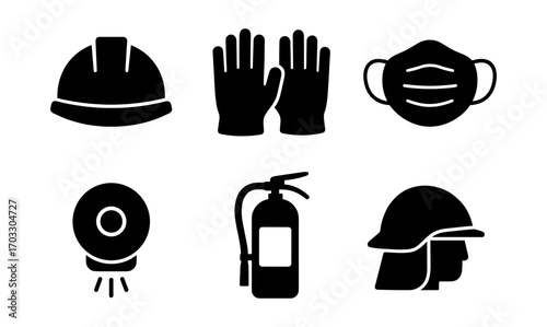 Safety equipment icons: hard hat, gloves, mask, alarm, fire extinguisher, helmet silhouette