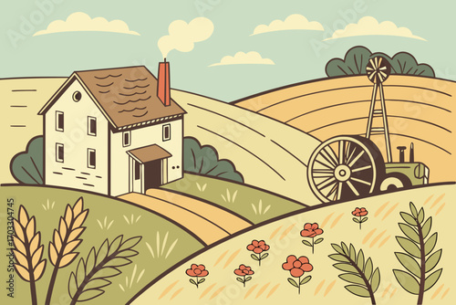 rural landscape with houses and trees