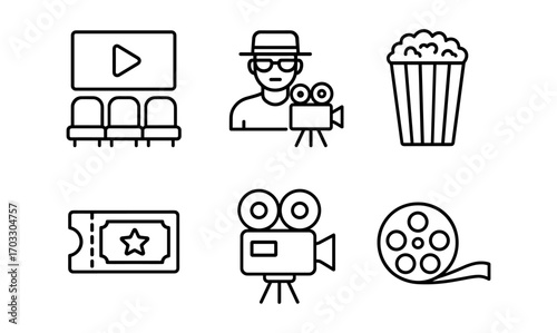 Cinema elements outline: film camera, popcorn, ticket, movie reel graphics