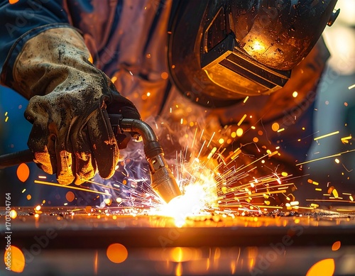 Welding in action, with protective gloves and mask visible, surrounded by glowing sparks and smoke