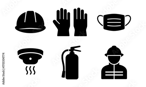 Safety equipment icons: helmet, gloves, mask, fire extinguisher, smoke detector, firefighter