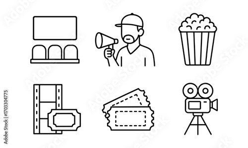 Cinema elements in outline style: director, popcorn, film reel, tickets, camera icons