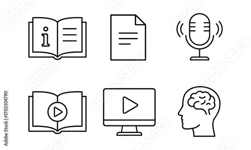 Minimalist line icons for media and education: book, document, microphone, video, brain