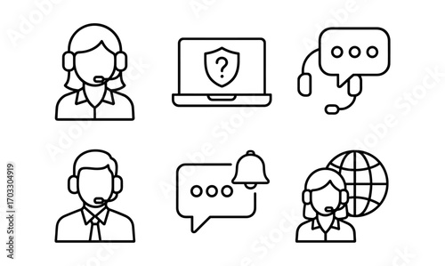 Customer support icons: line art of service representatives and communication tools