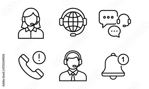 Customer support icons in linear style featuring communication and notification symbols