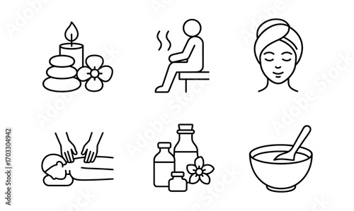Spa and relaxation icons: minimalist line art illustrations for wellness