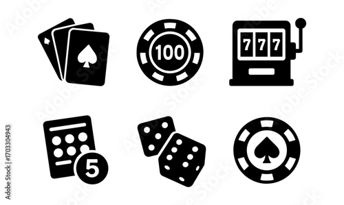 Casino icons featuring poker cards, chips, slot machine, and dice in bold silhouette style