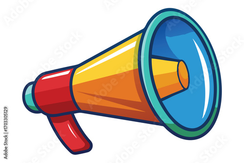 Colorful cartoon megaphone featuring shades of red, yellow, orange, and blue against a plain background