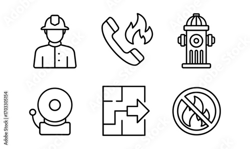 Essential fire safety icons including firefighter, hydrant, and alarm in minimalist design