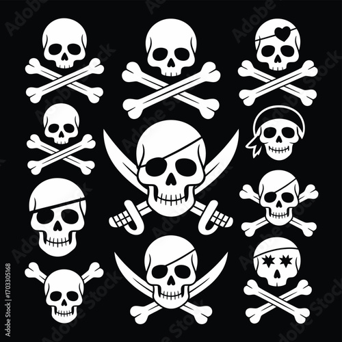Collection of white pirate skull and crossbones icons on a black background in a vector format