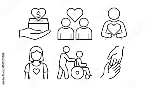 Charity and support icons depicting donation, volunteering, and care concepts in minimalist style