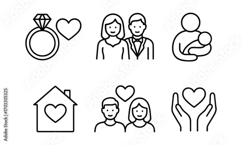 Simple love and family icons set featuring rings, couples, and families