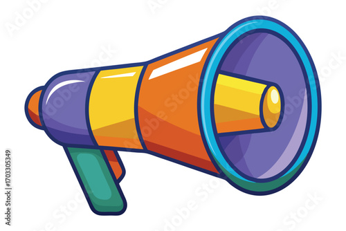 Loudspeaker with purple, yellow, orange, and teal colors has a white background around the speaker