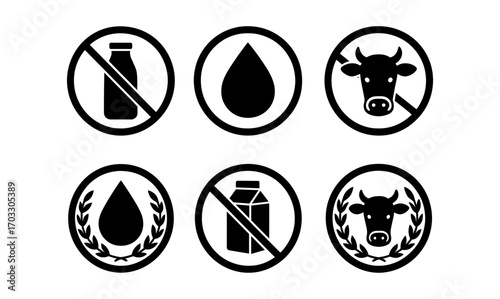 Set of black and white vegan icons with milk and cow symbols
