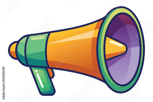 A vibrant orange and green megaphone with purple interior stands poised and ready for announcements