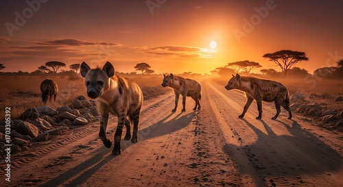 Three spotted hyenas walk a dusty road at sunrise, bathed in warm golden light.