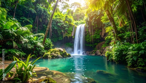 Waterfall cascading into a turquoise pool, lush tropical jungle surrounds the idyllic scene