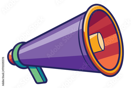 An illustrated purple megaphone showcases retro interior coloration and a green handle attachment for speaking