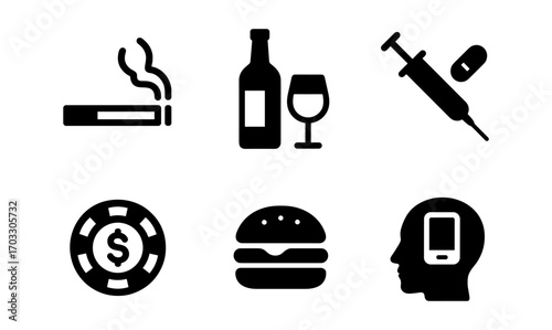 Black icon set on vices and habits: smoking, alcohol, drugs, gambling, fast food, technology