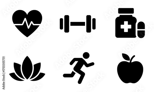 Health and wellness icons including heart, fitness, medicine, yoga, running, nutrition