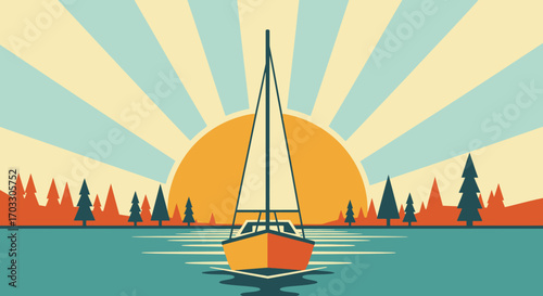 Vintage Retro Sunset Sailboat A Classic Seaside Adventure in the Warm Glow of the Evening