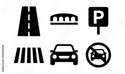 Transport icons: road, bridge, parking, crosswalk, car, no parking sign silhouettes